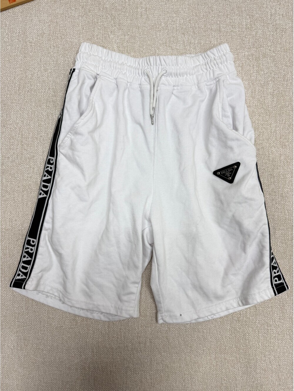 Prada Mens White Cotton Sweatshorts Size M Medium Logo Side Stripe Drawstring
